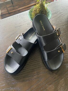 Cole Haan Black Leather Double-Buckle Slides with Gold Hardware